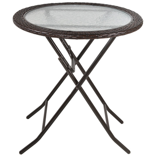 Folding Rattan Garden Dining Table, 68 cm Round Rattan Garden Table with Water Ripple Tempered Glass Top