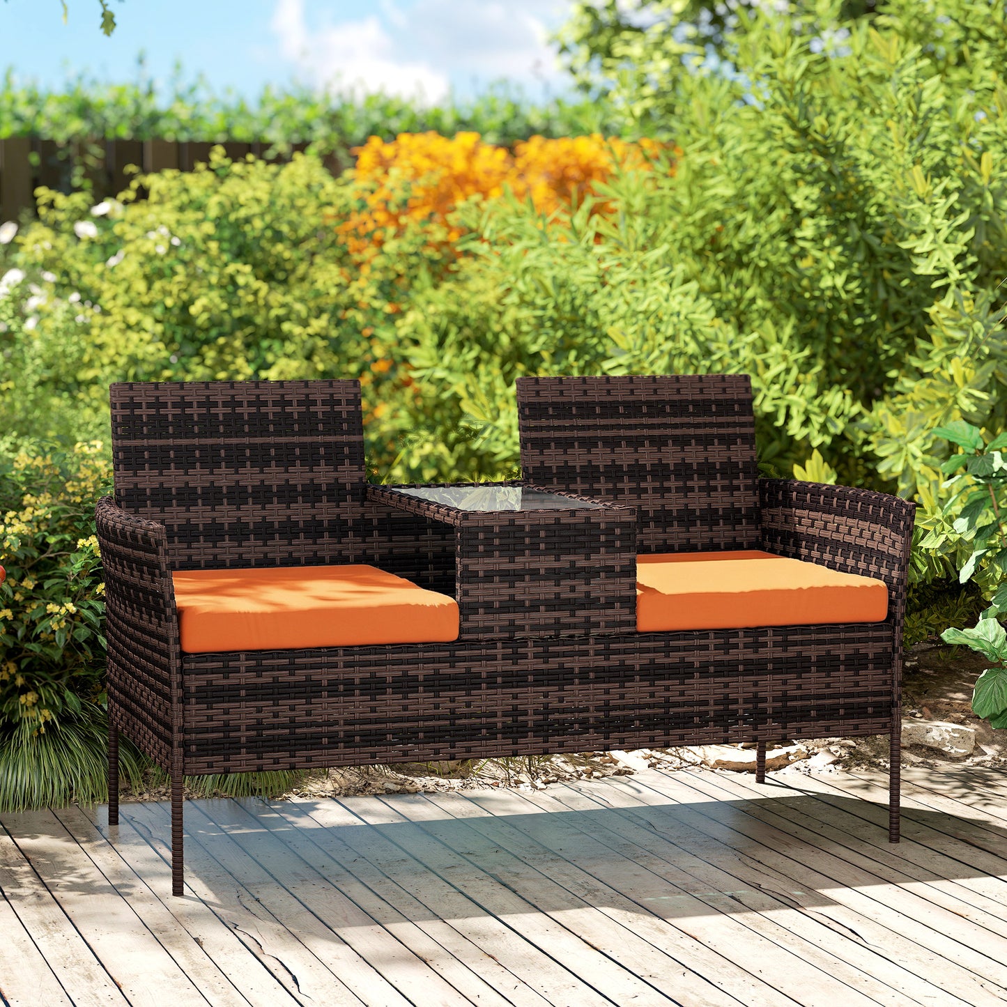Two-Seat Rattan Chair, with Middle Table - Orange