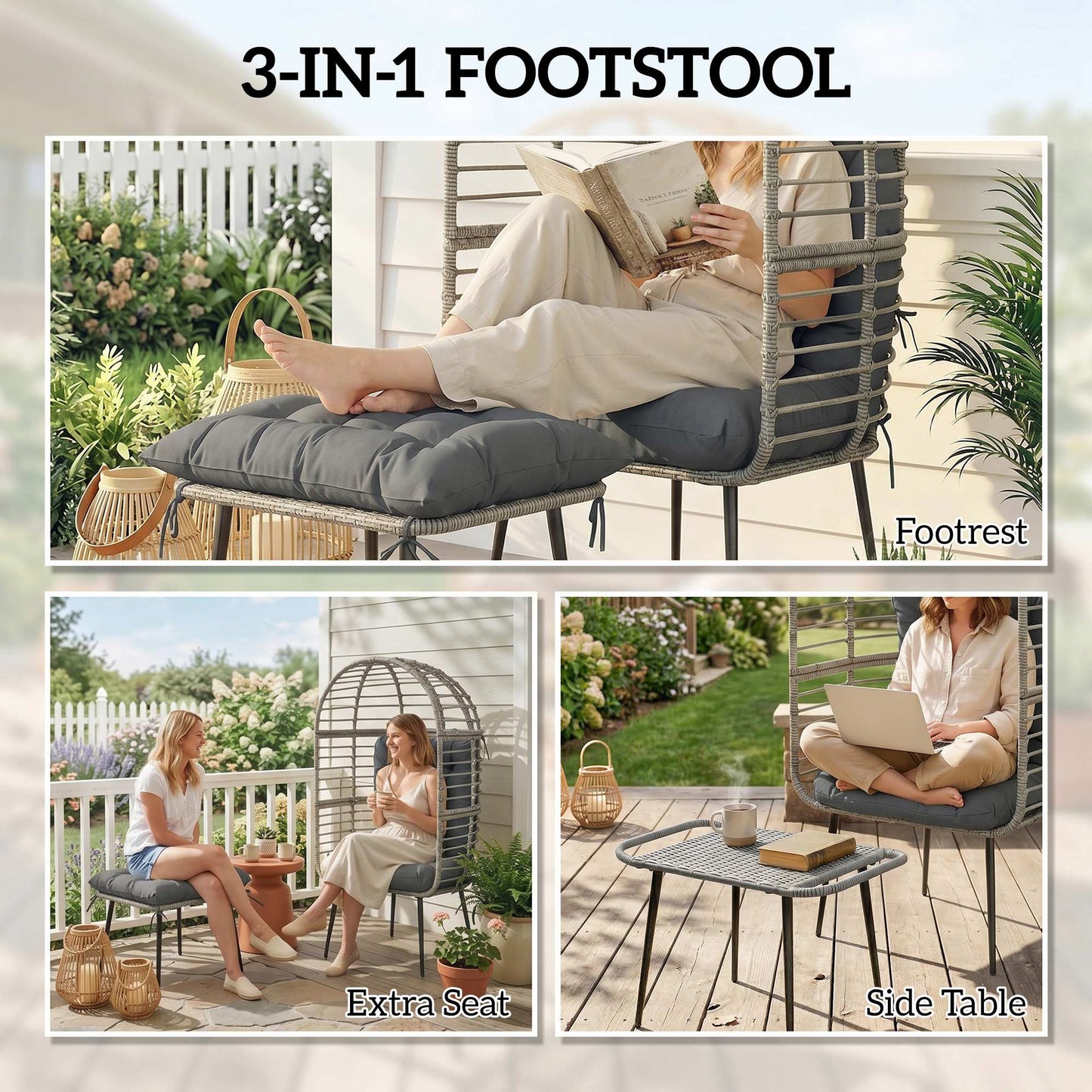 Garden Egg Chair with Footstool, Rattan Indoor Outdoor Lounge Chair and Ottoman Set with Thick Cushions, Light Grey