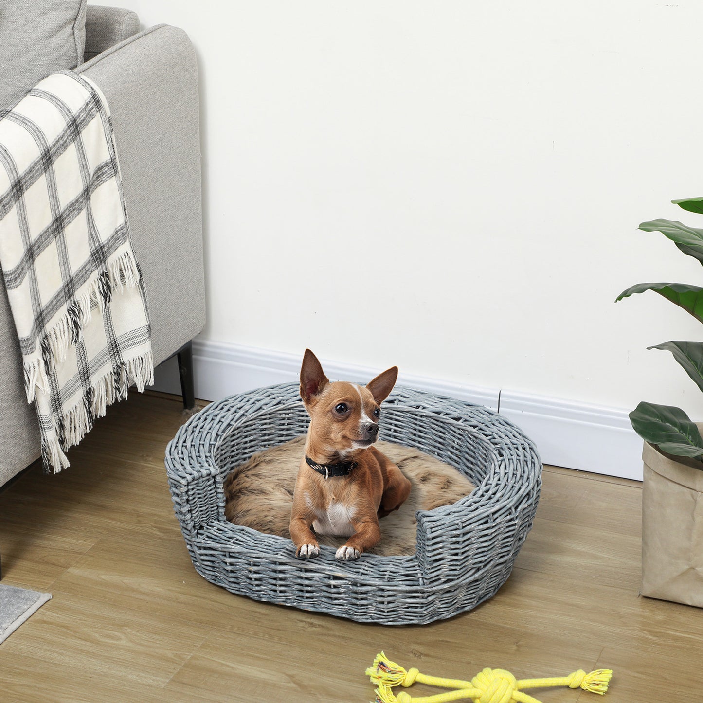 Wicker Pet Bed Willow Dog Cat Sofa Puppy Basket with Cushion Grey 57L x 46W x 17.5H cm