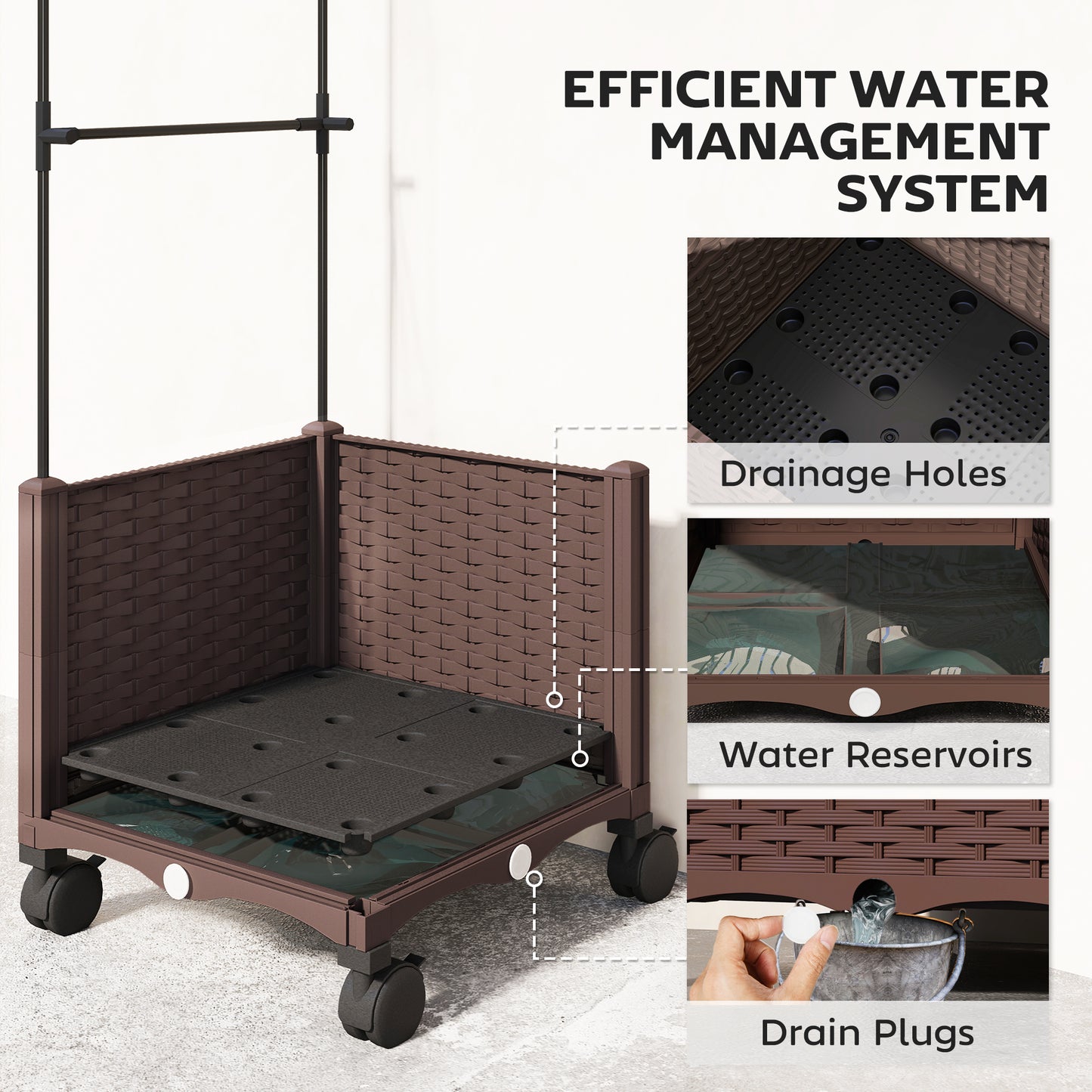 Raised Garden Bed with Trellis, Tomato Cage with Lockable Wheels, Self Watering Planter Box with Drainage Holes, Brown