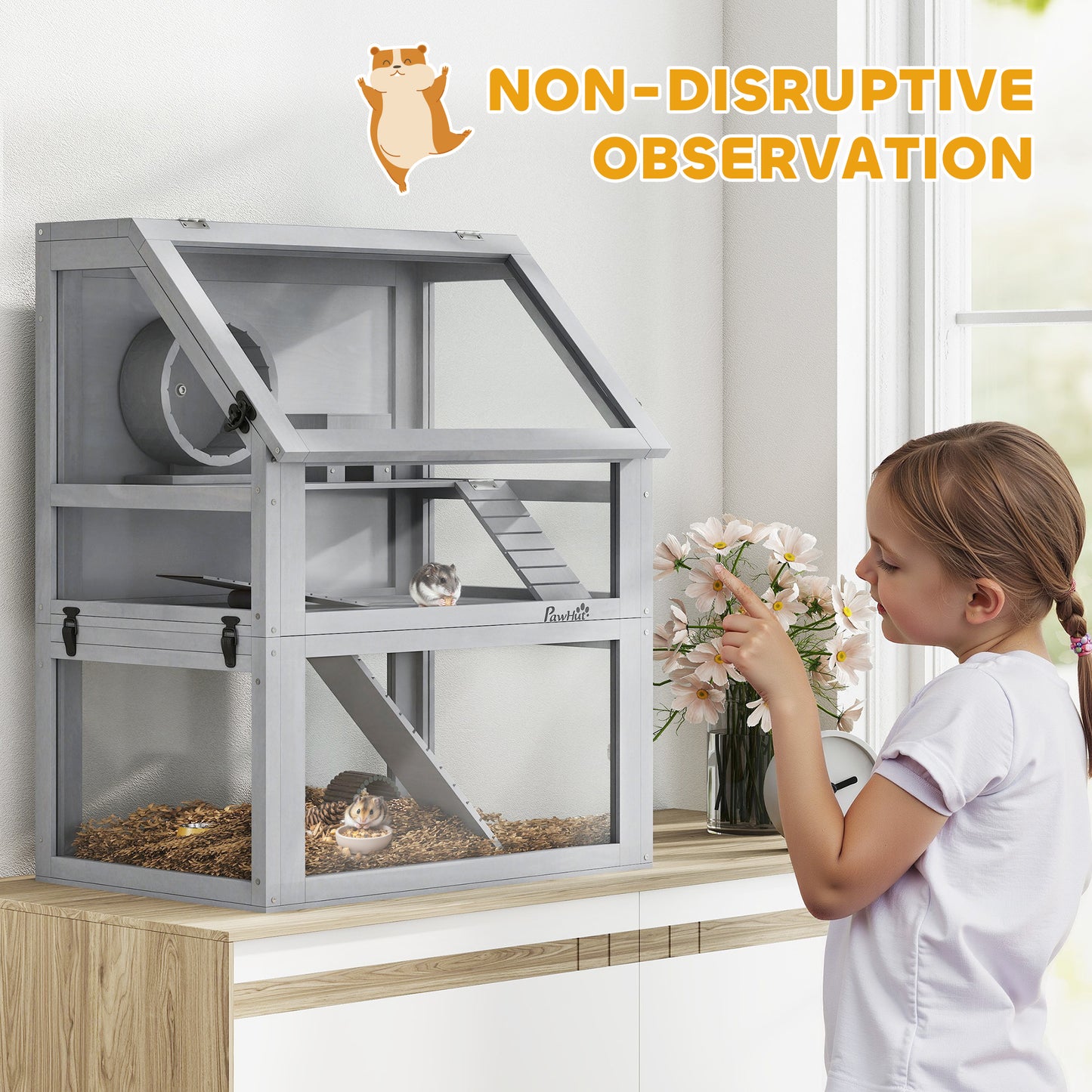 Wooden Hamster Cage with Detachable 32cm Deep Bottom, Hut, Seesaw, Exercise Wheel, Ramp, 60 x 40 x 75cm, Light Grey
