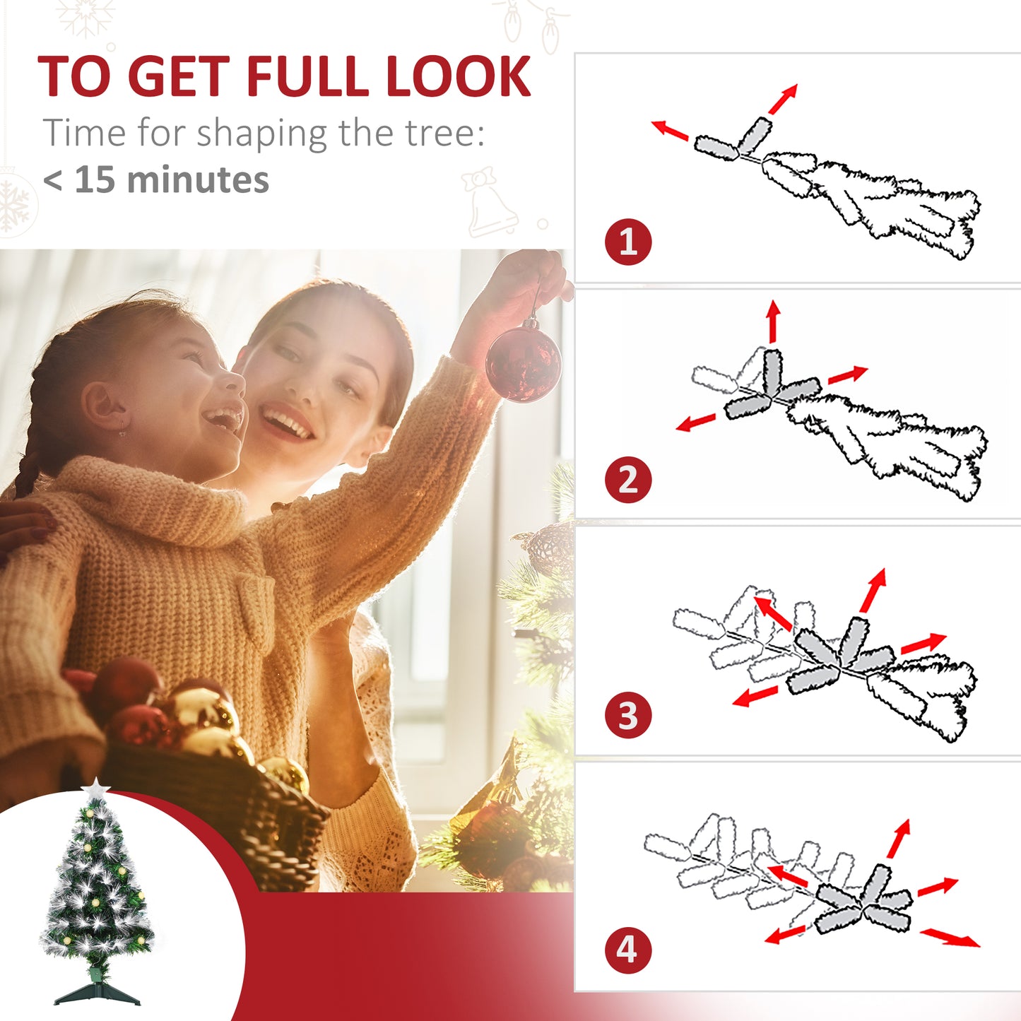 3ft White Light Artificial Christmas Tree w/ 90 LEDs Star Topper Tri-Base Full Bodied Seasonal Decoration Pre-Lit Home