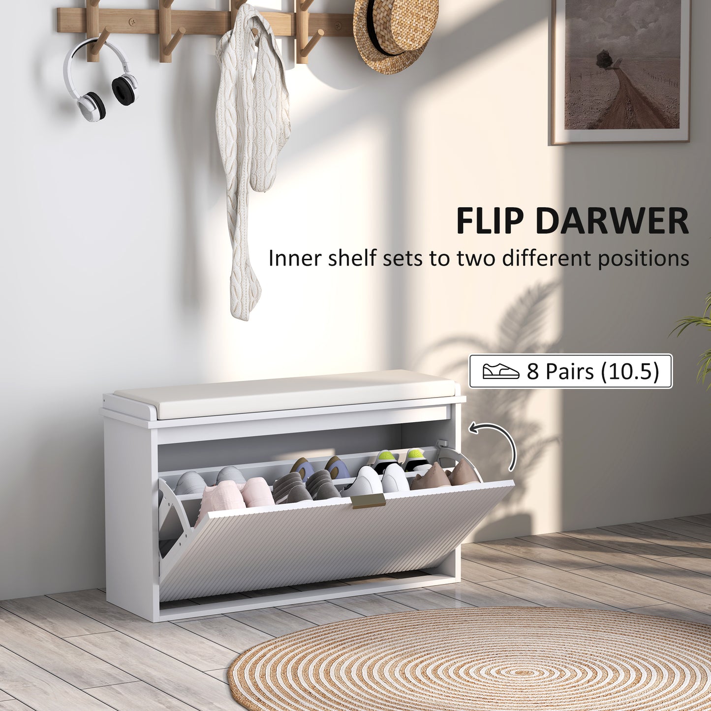 Elegant Eight Shoe Bench, with Top Seat - White