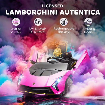 12V Lamborghini Autentica Licensed Kids Electric Car with Remote Control, 4 Suspension Wheels, Soft Start, Pink