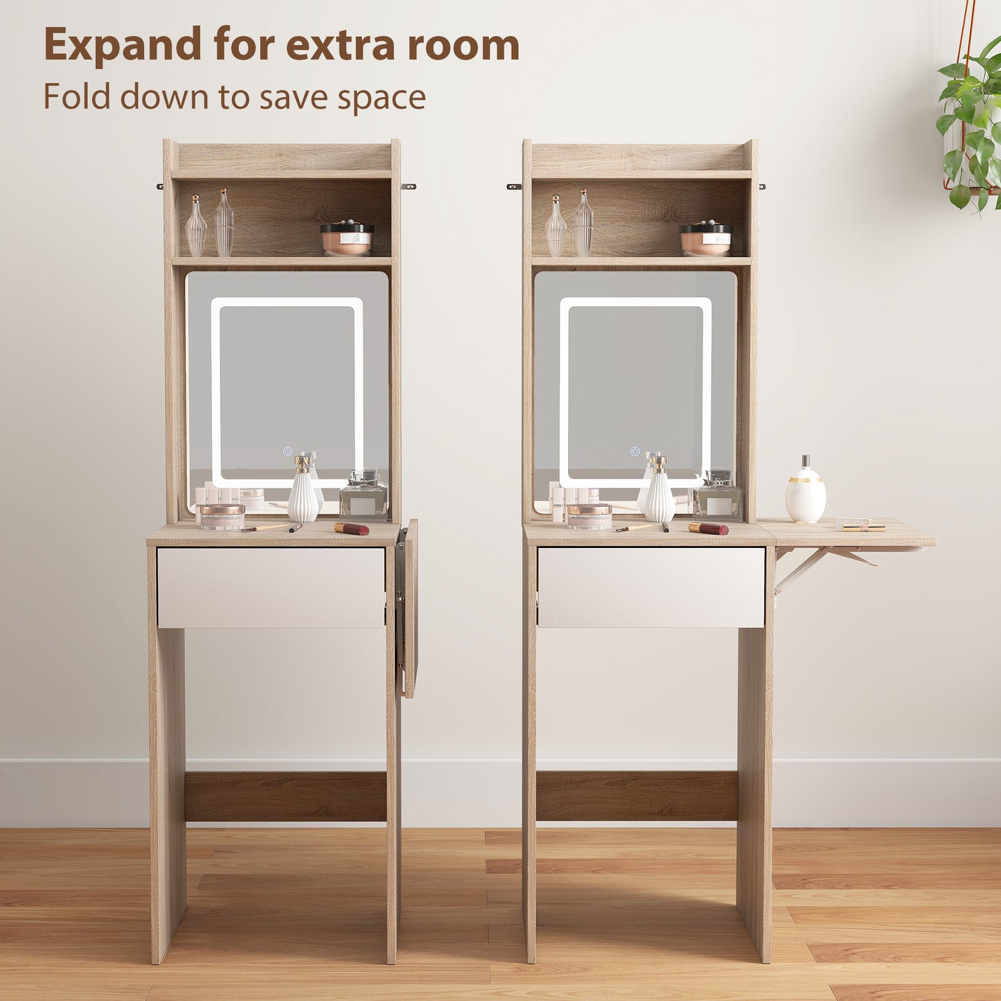 Small Vanity Desk with Mirror and LED Lights, Compact Dressing Table with Drop Leaf, Open Shelves, Natural Wood