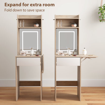 Small Vanity Desk with Mirror and LED Lights, Compact Dressing Table with Drop Leaf, Open Shelves, Natural Wood