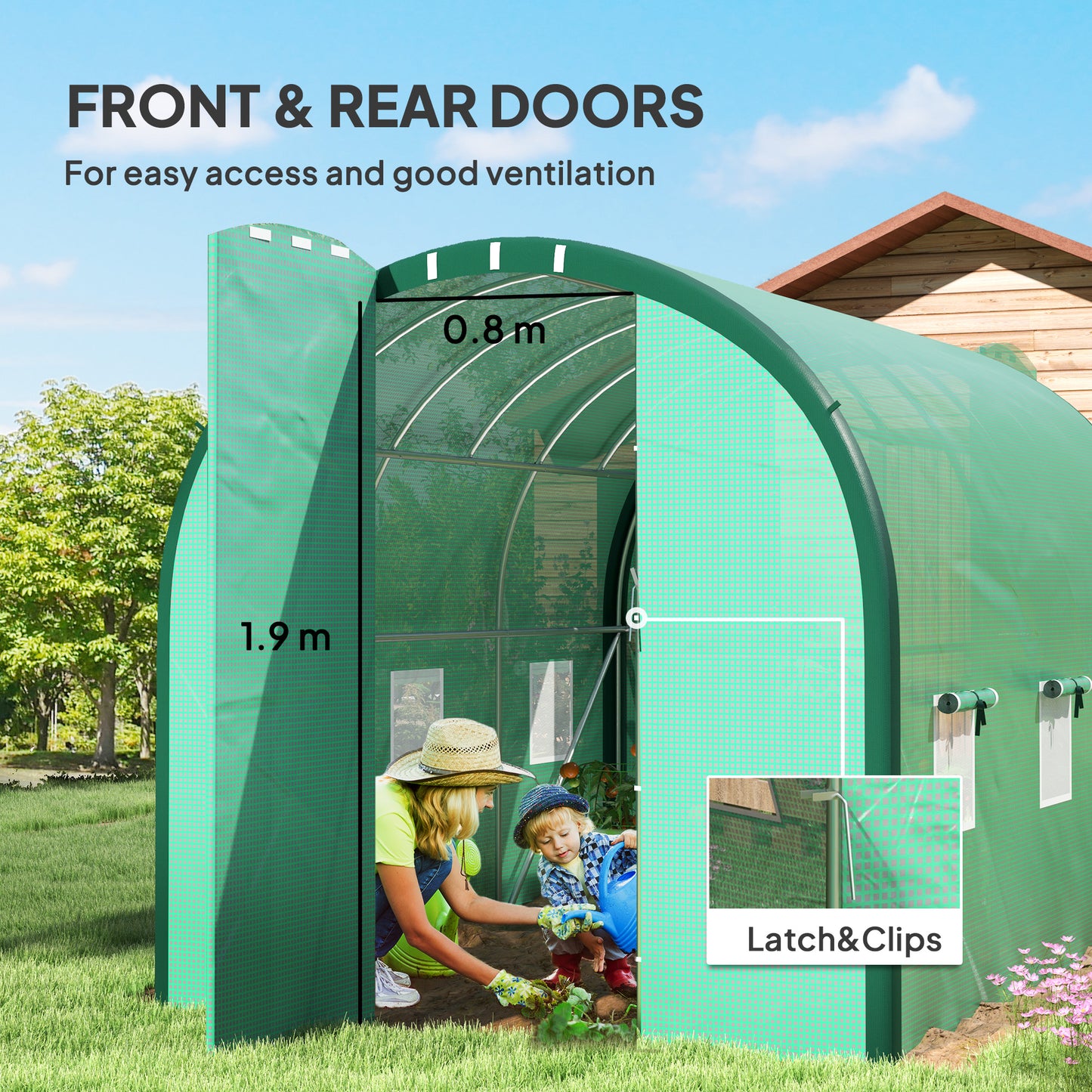 3 x 2 m Polytunnel Greenhouse, with Reinforced PE Cover, Windows and Doors - Green