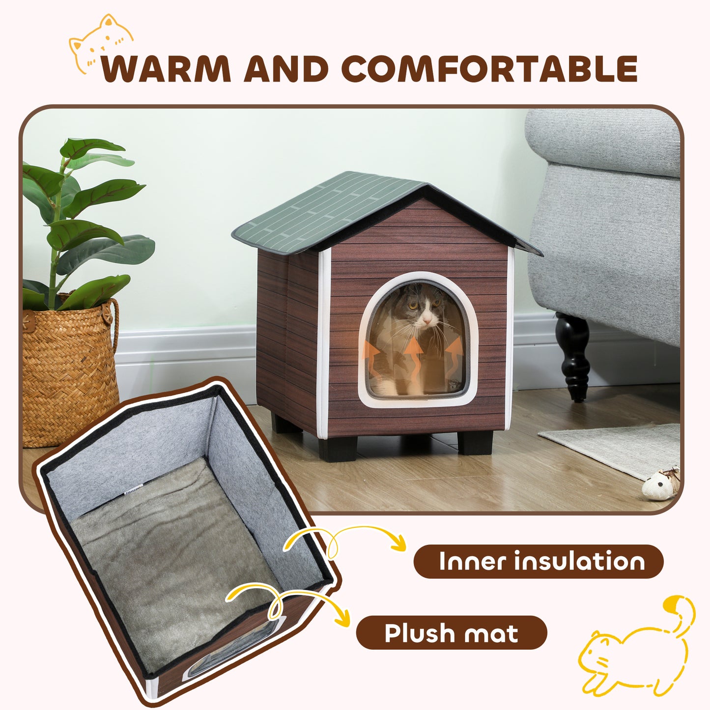 Insulated Outdoor Cat House, Water-Resistant Feral Cat Shelter with Elevated Base and Cushion, Red-brown