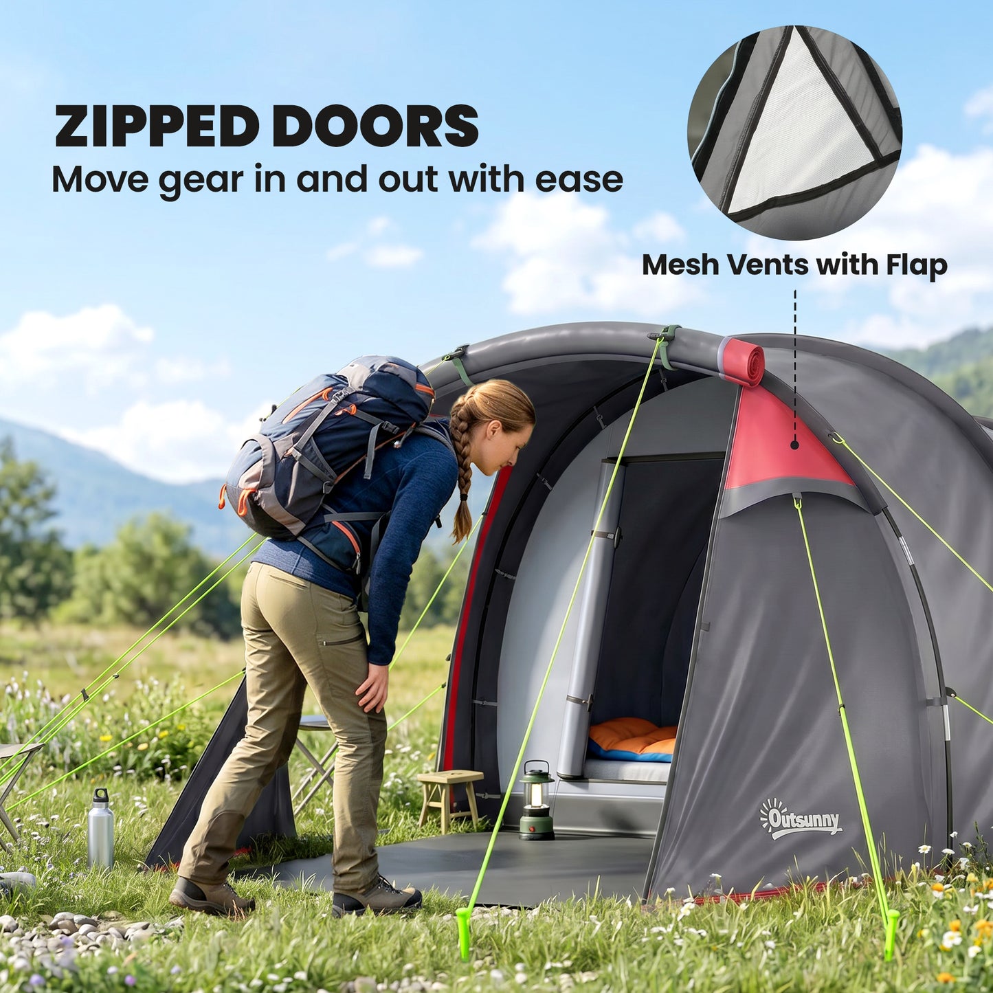 2 Man Tunnel Tent with Sewn-in Groundsheet, Air Vents, Rainfly, 2000mm Large Camping Tent with Bedroom, Porch