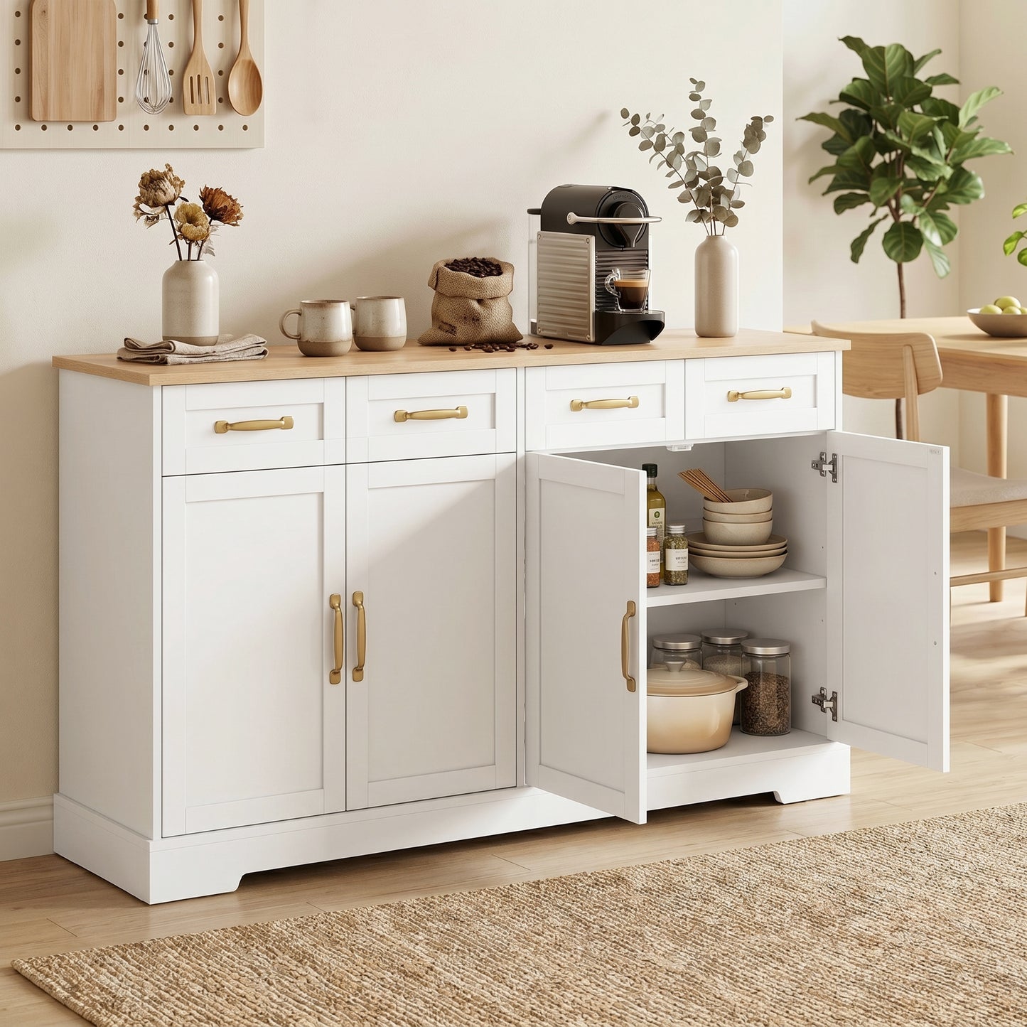 Sideboard Buffet Cabinet, 140 cm Kitchen Storage Cabinet with 4 Drawers, 4 Doors and 2 Adjustable Shelves, White