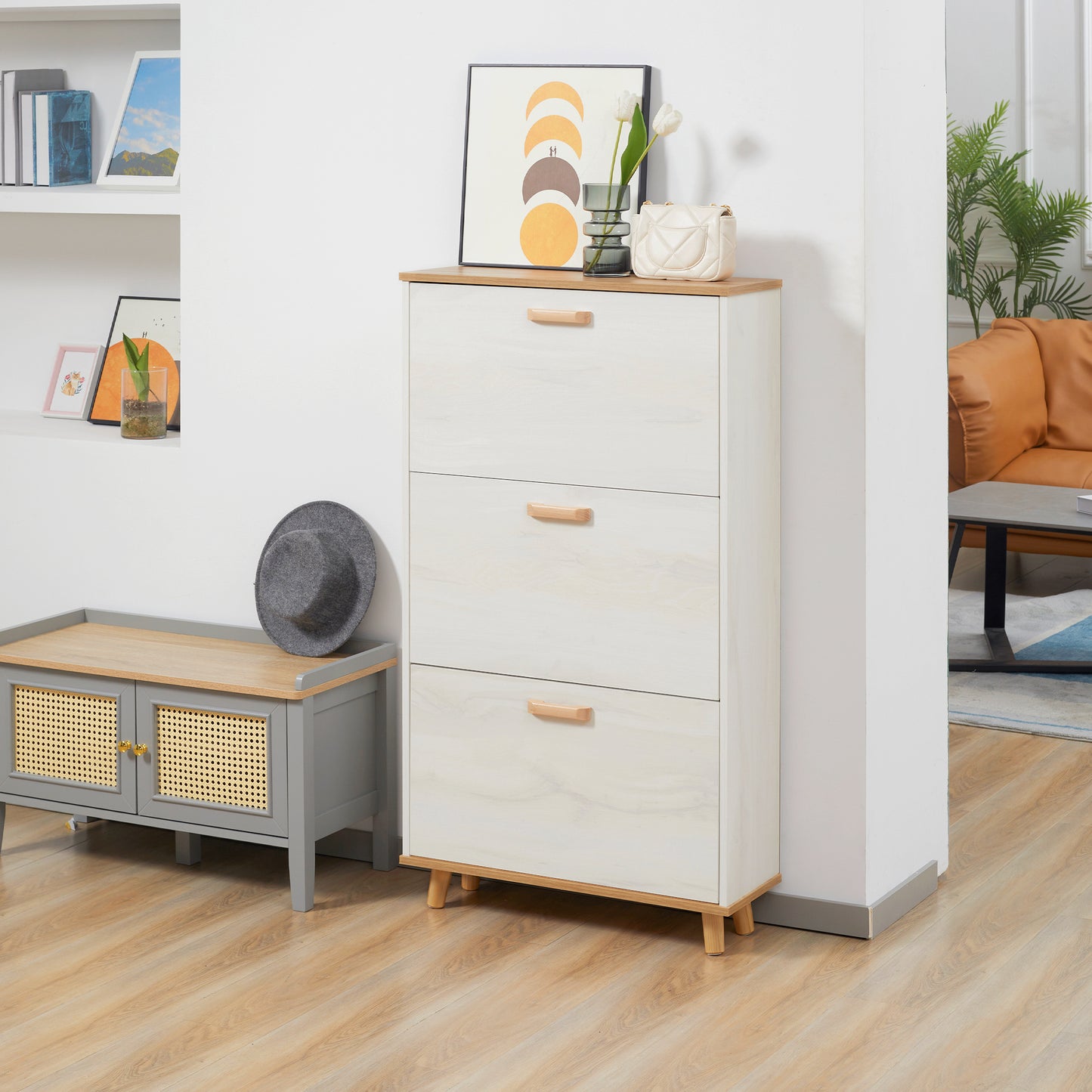 Narrow Shoe Cabinet, Slim Shoe Storage Cabinet with 3 Flip Drawers and Adjustable Shelves