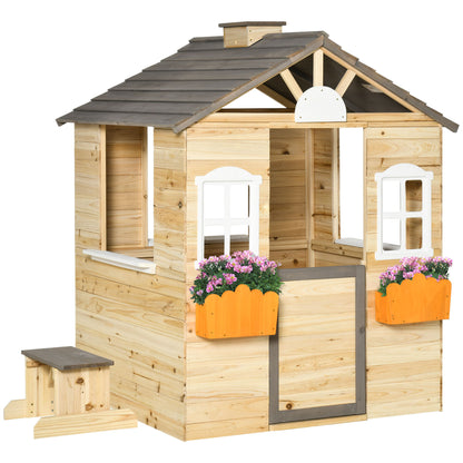 Wooden Playhouse for Kids Outdoor Wendy House with Door, windows, Bench, Service Stations, Flowerpot Holder