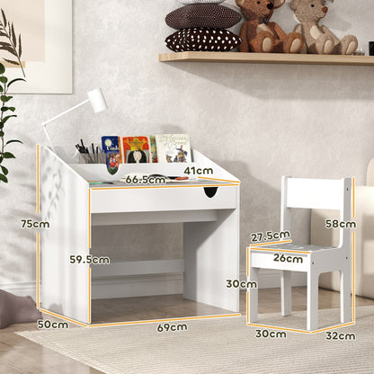 Children Study Table and Chair, Kids Desk and Chair Set with Storage, Pull-Out Drawer, for Ages 3-6 Years, Grey
