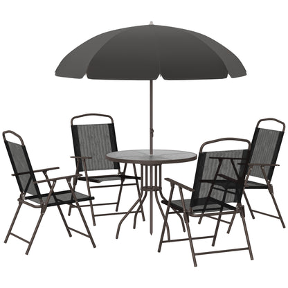 6 Piece Garden Dining Set with Umbrella, Patio Sets with Parasol with 4 Folding Dining Chairs, Black