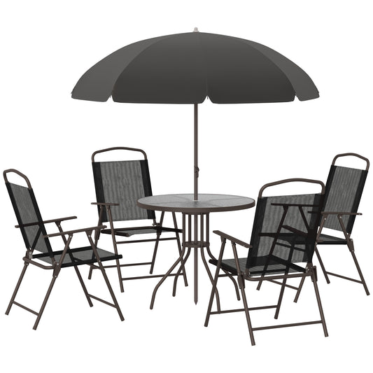 6 Piece Garden Dining Set with Umbrella, Patio Sets with Parasol with 4 Folding Dining Chairs, Black