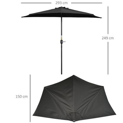 3(m) Half Parasol, Semi Round Umbrella with Metal Frame, Crank Handle for Balcony, Garden, Black