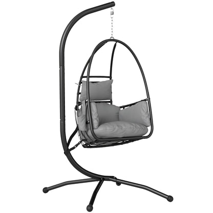 Hanging Egg Chair, Indoor Outdoor Swinging Hammock Chair with Stand, Foldable Basket, Side Pocket, Dark Grey