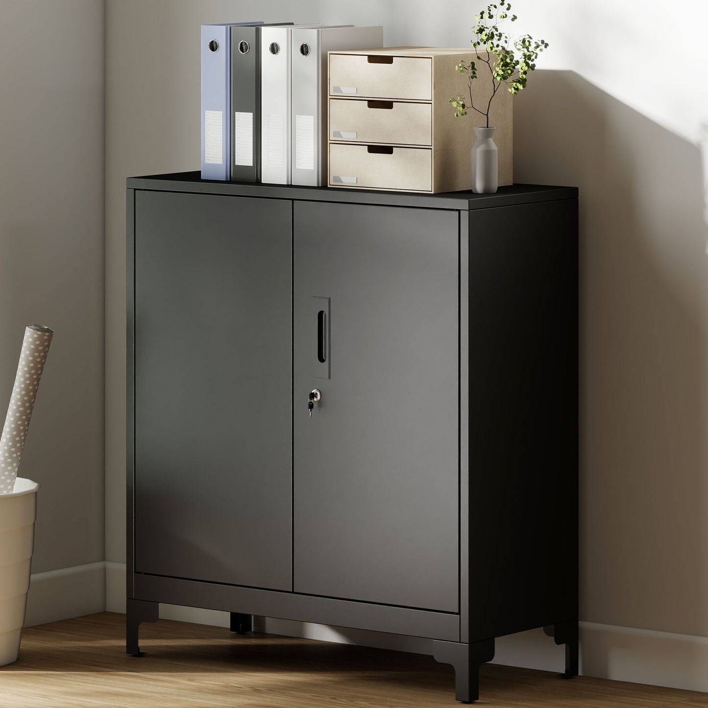 Lockable Metal Filing Cabinet, 2-Tier Storage Cupboard with Double Doors, Modern Office Organiser, Black