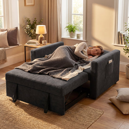 Loveseat Sofa Bed, Convertible Bed Settee with 2 Pillows, Side Pockets, Black
