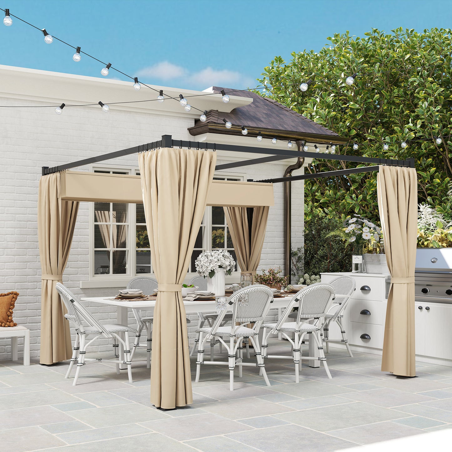 3 x 3(m) Retractable Pergola, Garden Gazebo Shelter with Curtains, for Grill, Patio, Deck, Beige