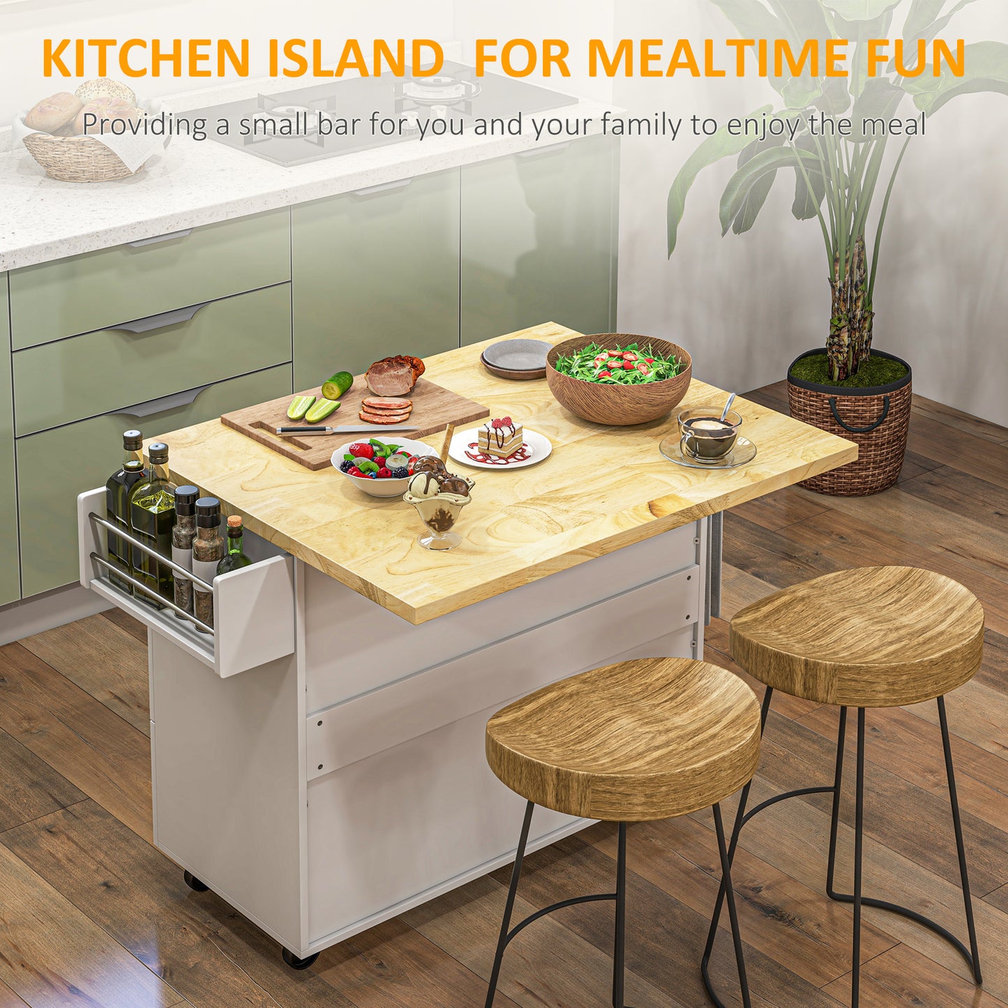 Kitchen Island on Wheels, Rolling Kitchen Storage Trolley with Drop Leaf, Drawers, Towel and Spice Rack, White