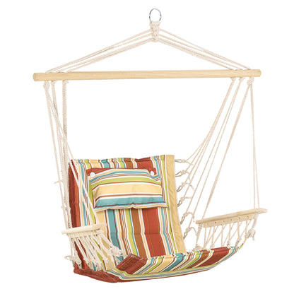 Garden Outdoor Hanging Hammock Chair Thick Rope Frame Wooden Arms Safe Garden Outdoor Spot Stylish Multi-Color Stripe