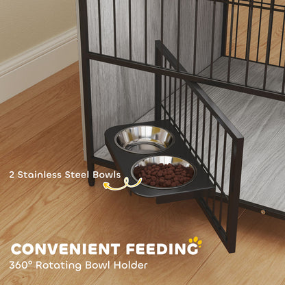 Dog Crate Furniture with Rotating Bowl Holder, 2 Bowls, 2 Doors, for Medium Dogs, 80 x 56 x 76.5 cm, Grey