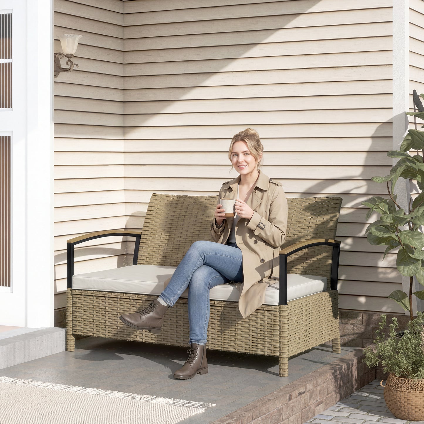 125L Garden Storage Bench, 2 Seater PE Rattan Outdoor Bench Storage Box with Padded Cushion, Khaki