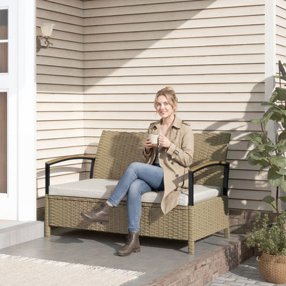 125L Garden Storage Bench, 2 Seater PE Rattan Outdoor Bench Storage Box with Padded Cushion, Khaki