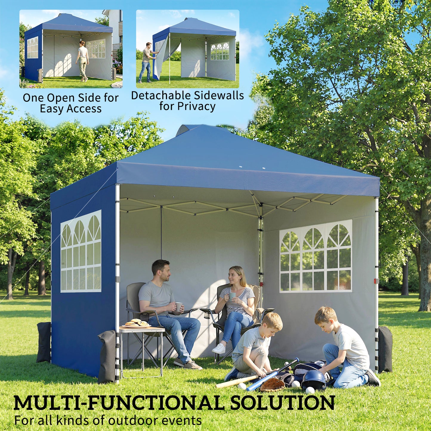 Pop Up Gazebo Waterproof Height Adjustable Canopy with 3 Sidewalls Wheeled Bag for Parties 3 x 3 m Dark Blue