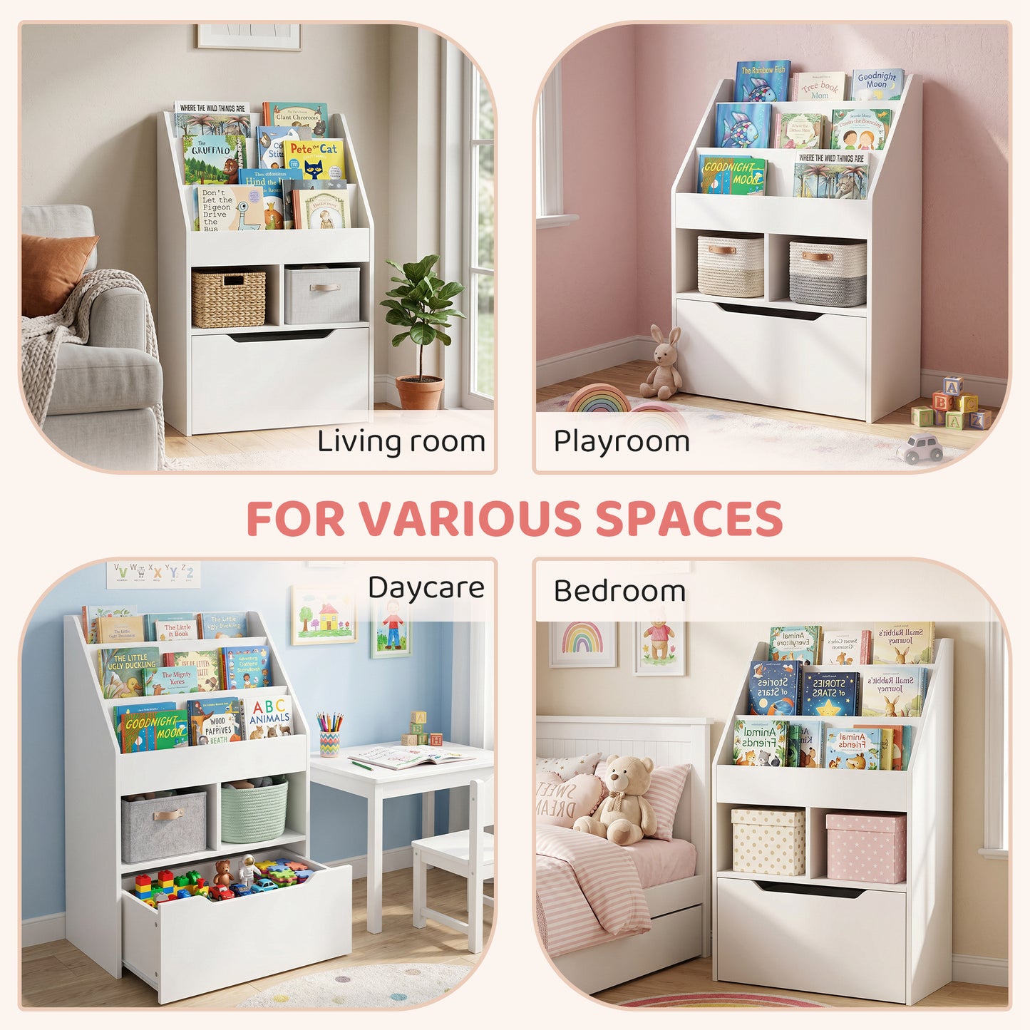 Kids Bookshelf, Toy Organiser, with Storage Drawer, Wheels - White