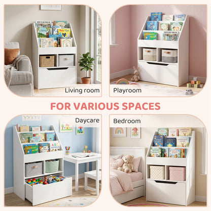 Kids Bookshelf, Toy Organiser, with Storage Drawer, Wheels - White