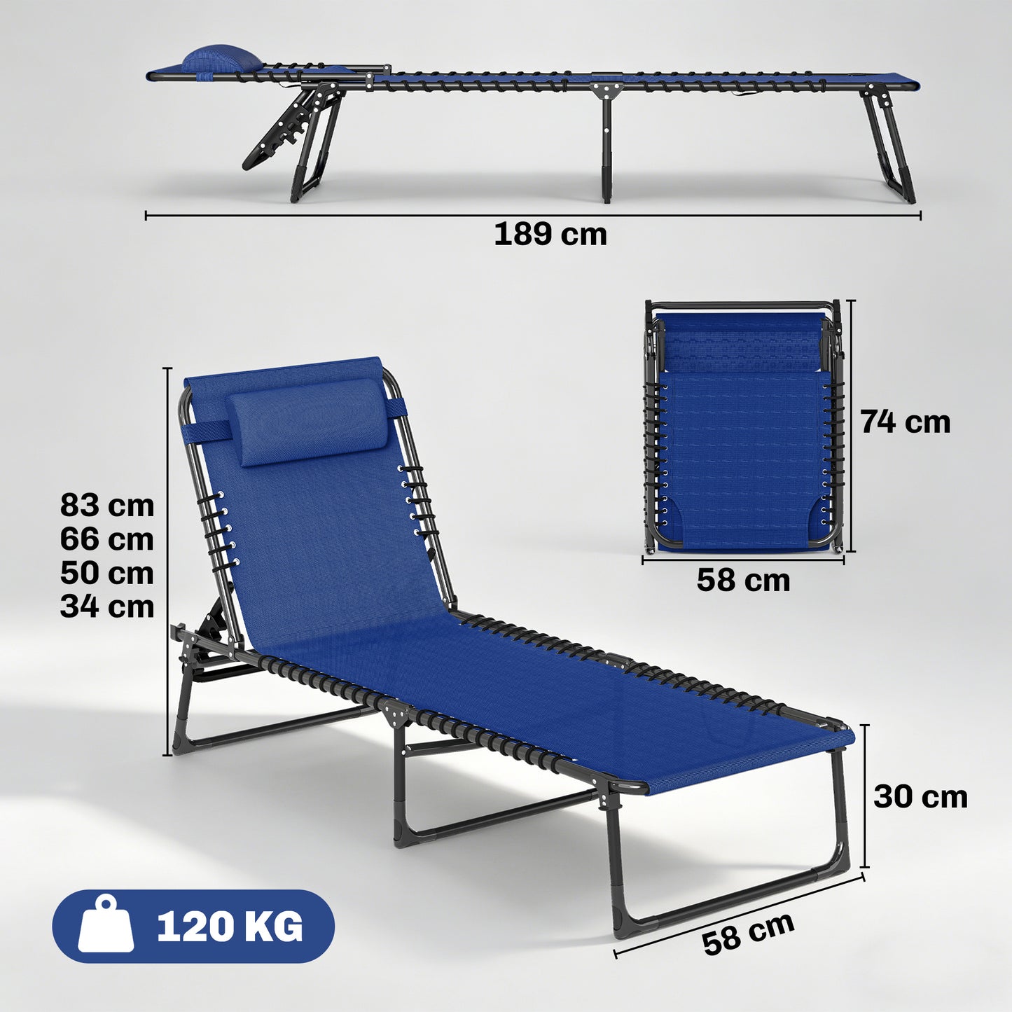 Set of Two Folding Sun Loungers, with Four-Position Backs - Blue