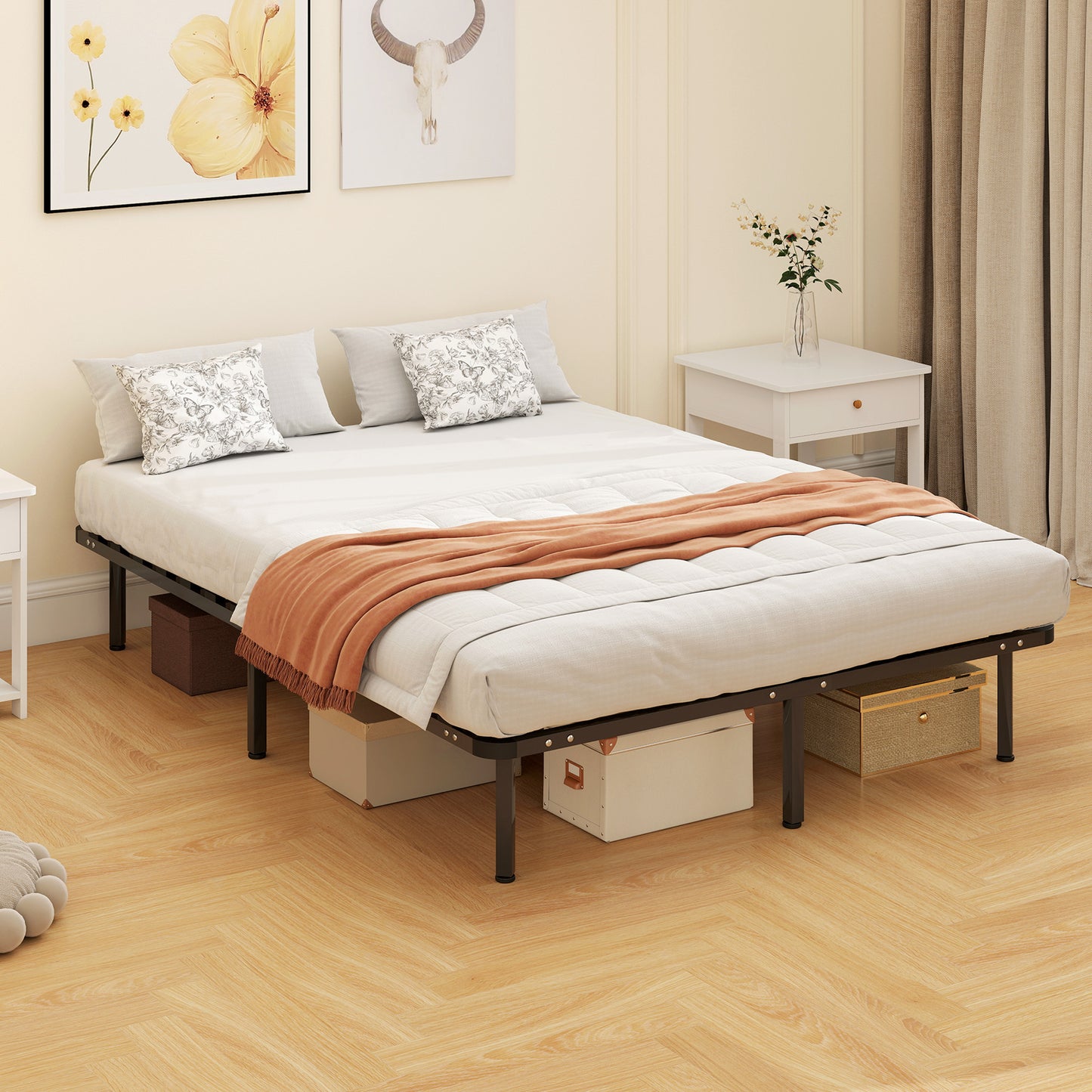 4ft6 Double Bed Frame, Metal Platform Bed Frame with 2 x 14 Wood Slats, No Box Spring Needed, Underbed Storage, Black