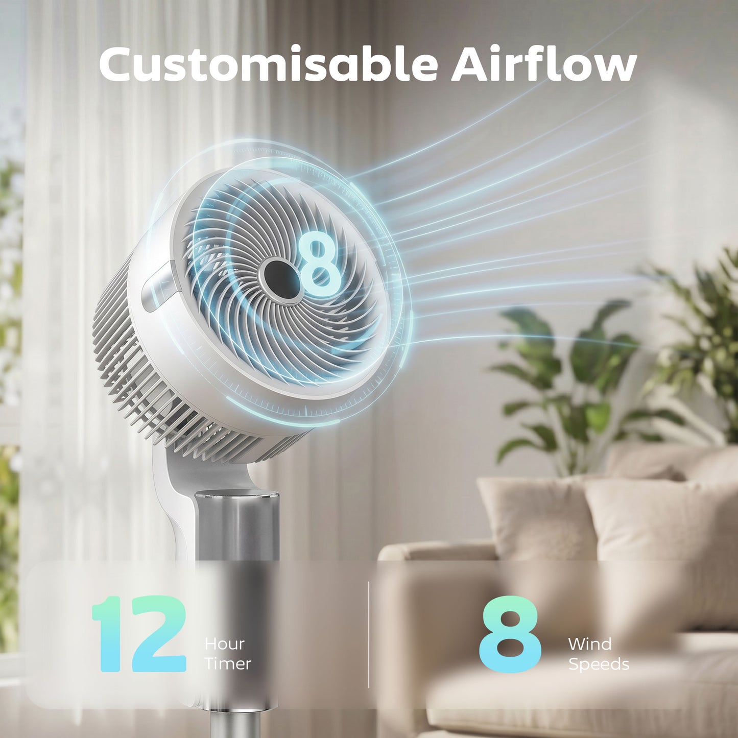 20 dB Silent Standing Fan for Bedroom, 44" Pedestal Fan with 90° Oscillating, 8 Speeds and LED Light, White