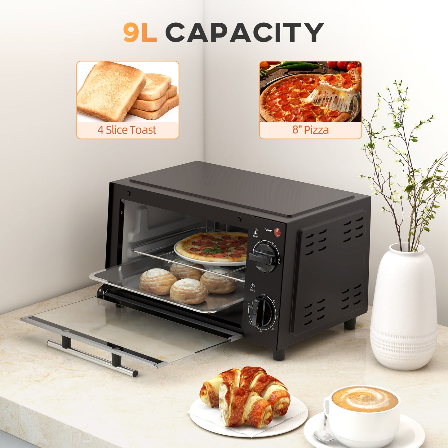Mini Oven, 9L Countertop Electric Grill, Toaster Oven with Adjustable Temperature, Timer