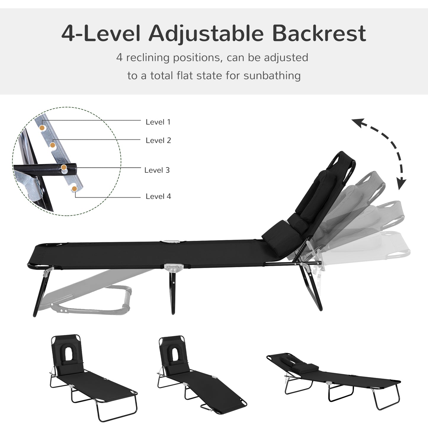Outdoor Folding Sun Lounger with Face Hole, 4 Level Adjustable Backrest Reclining Garden Lounger