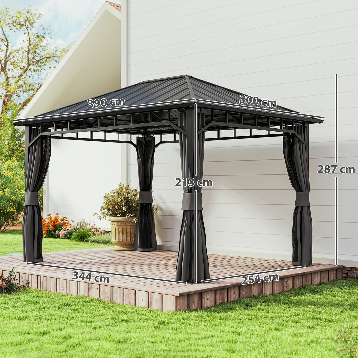 3 x 4m Hardtop Gazebo with Galvanised Steel Roof and Water Gutter, Waterproof Permanent Pavilion Garden Gazebo