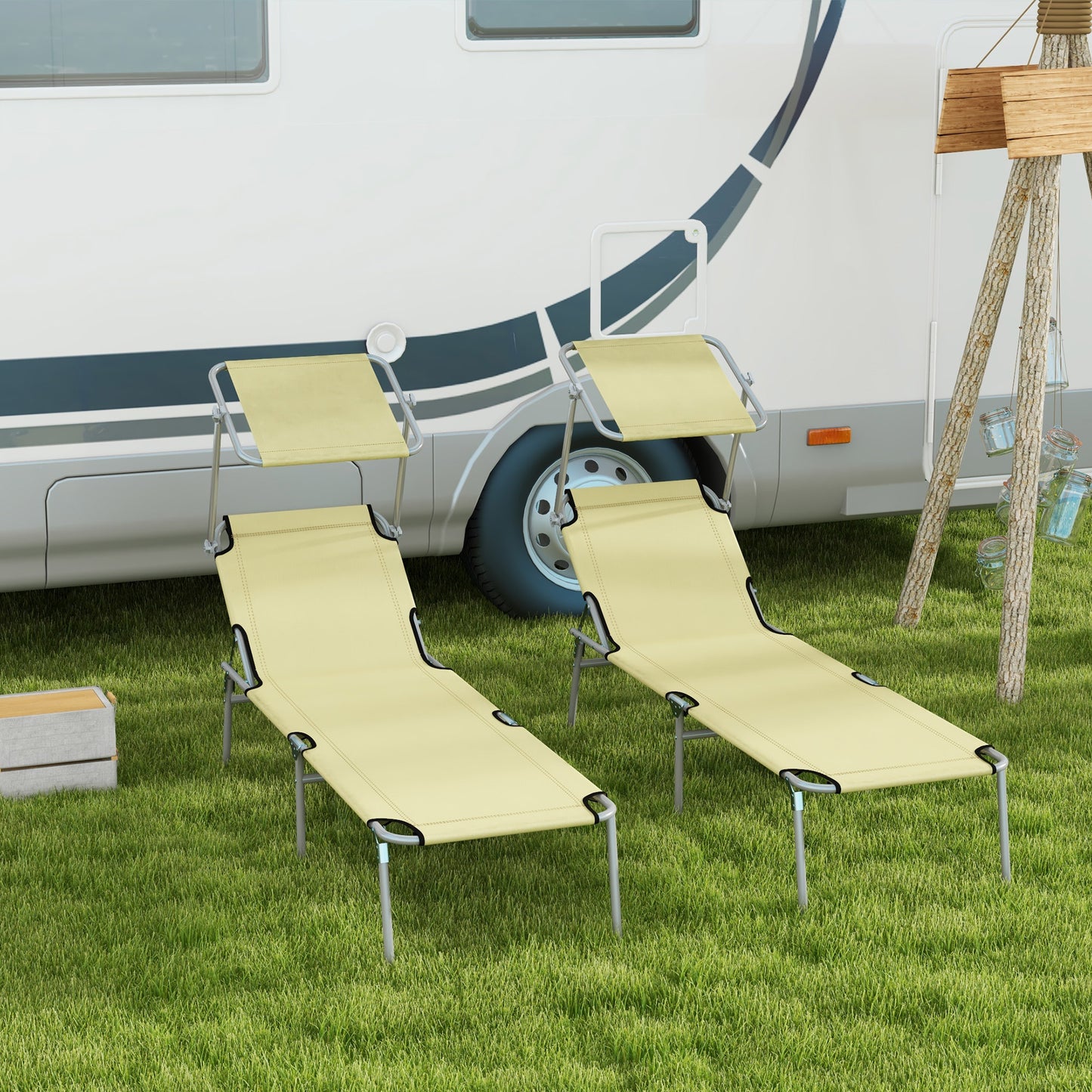 Folding Sun Lounger Set of 2 with Canopy, Reclining Sunbed with 4-Position Adjustable Backrest, 600D Oxford Cloth