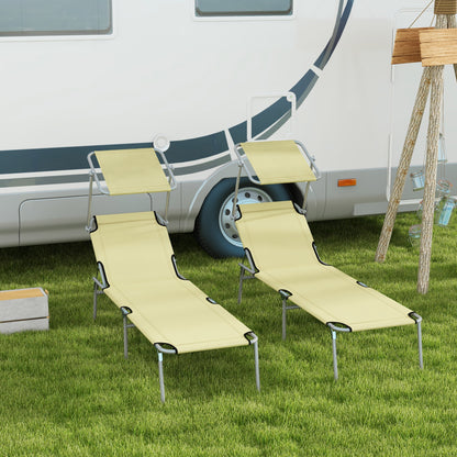 Folding Sun Lounger Set of 2 with Canopy, Reclining Sunbed with 4-Position Adjustable Backrest, 600D Oxford Cloth