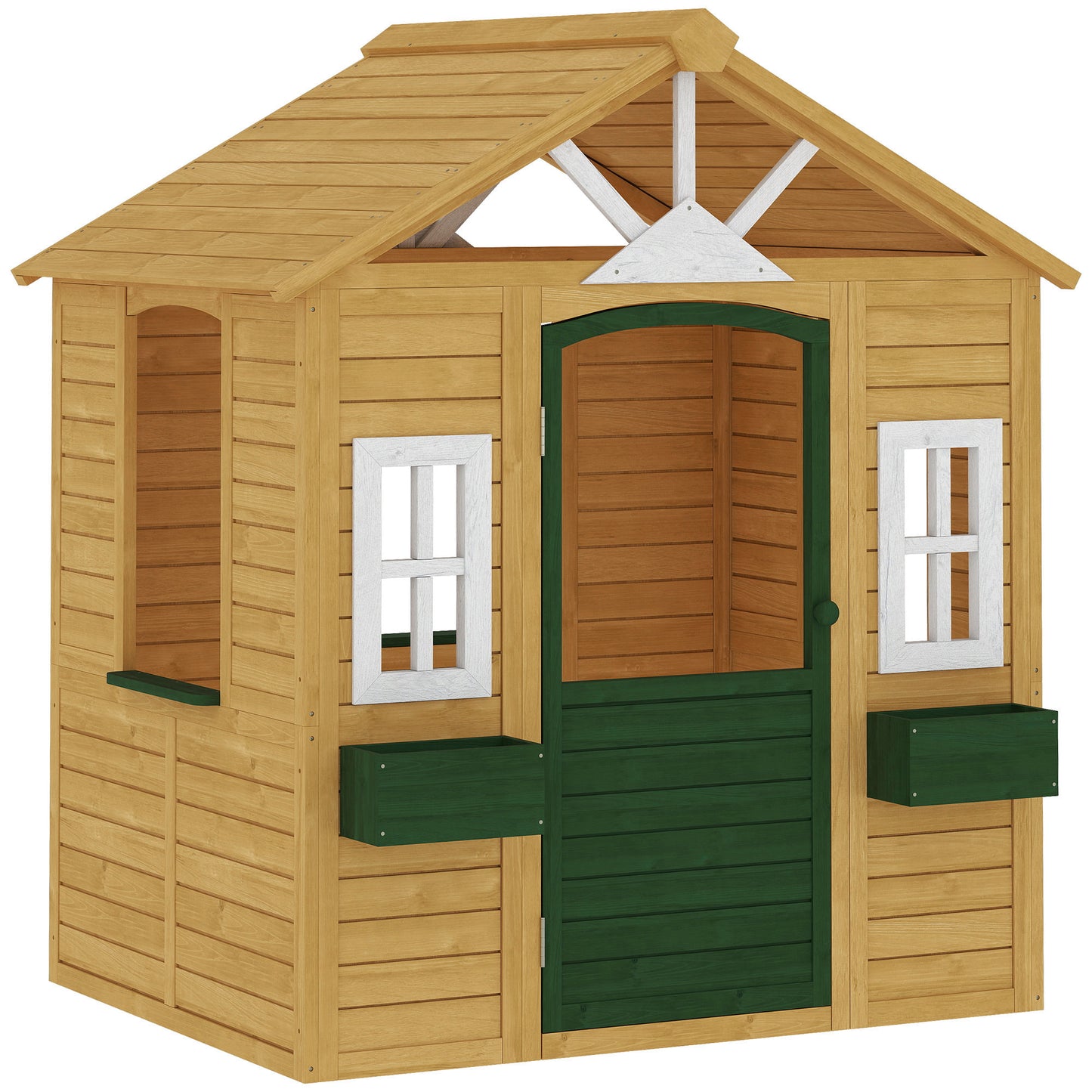 Outdoor Kids Playhouse, Wooden Wendy House with Door, 3 Windows, 2 Flower Boxes for Garden, Indoor Playroom