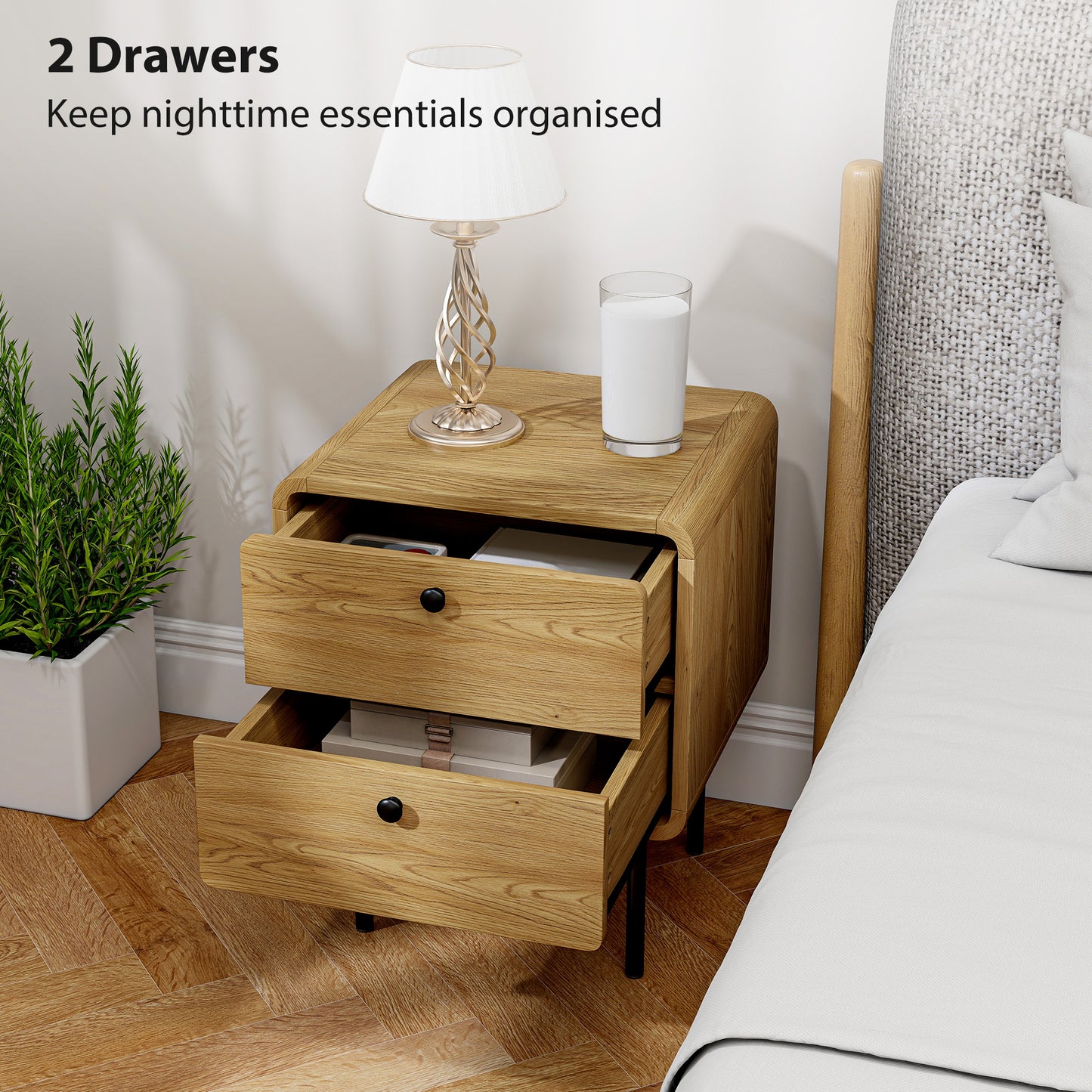 Bedside Table with 2 Drawers and Steel Legs - Oak