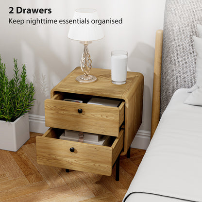 Bedside Table with 2 Drawers and Steel Legs - Oak