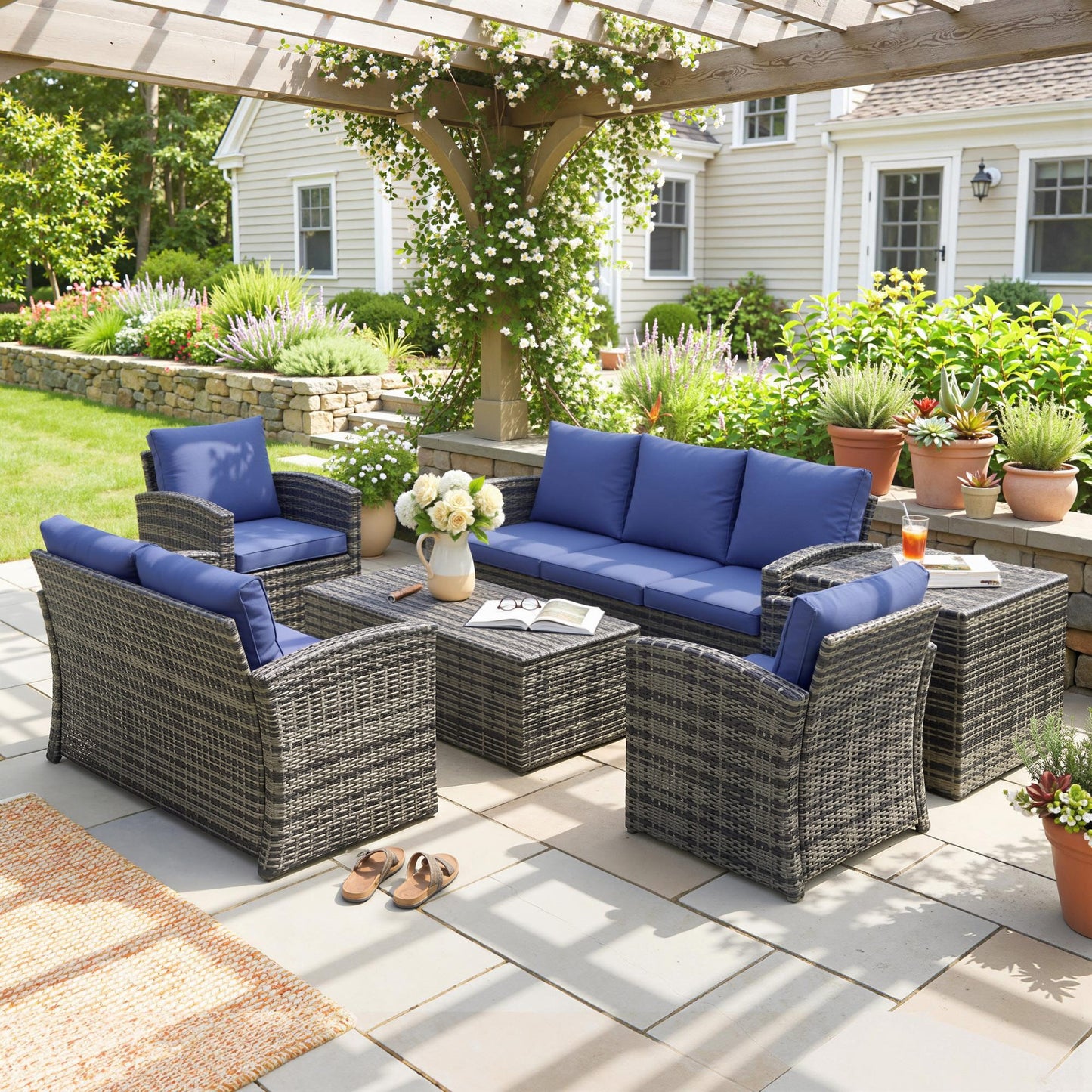6 Pieces Rattan Garden Furniture Set, 7 Seater Wicker Outdoor Furniture Set with Storage Tea Table & Side Table