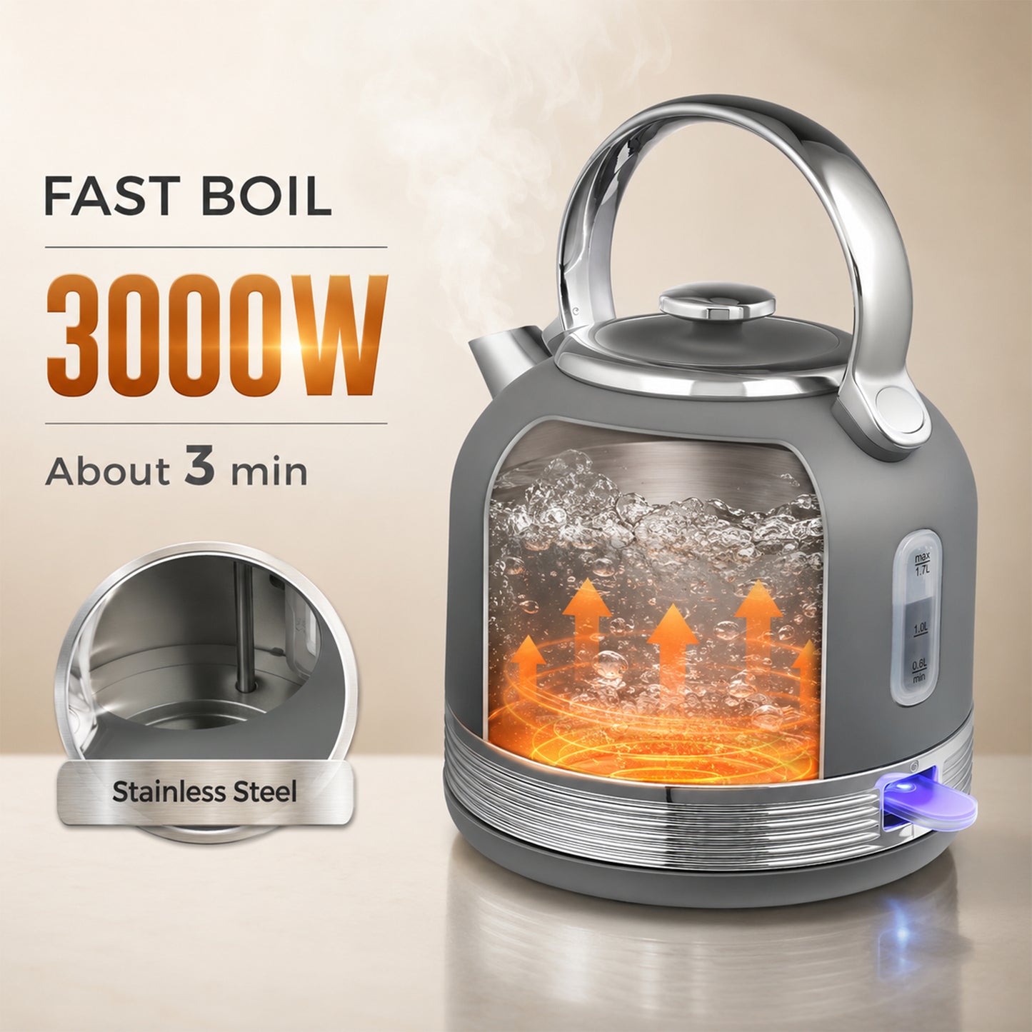 Stainless Steel Kettle and Toaster Set, 1.7L 3000W Cordless Fast Boil Kettle, 4 Slice Toaster Kitchen Set, Grey