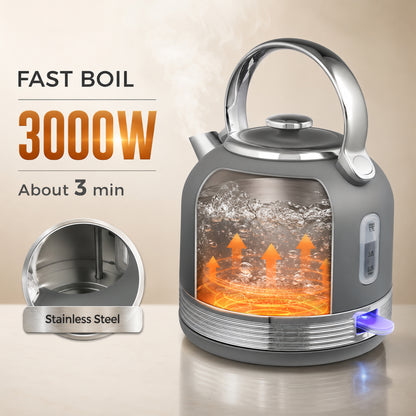 Stainless Steel Kettle and Toaster Set, 1.7L 3000W Cordless Fast Boil Kettle, 4 Slice Toaster Kitchen Set, Grey