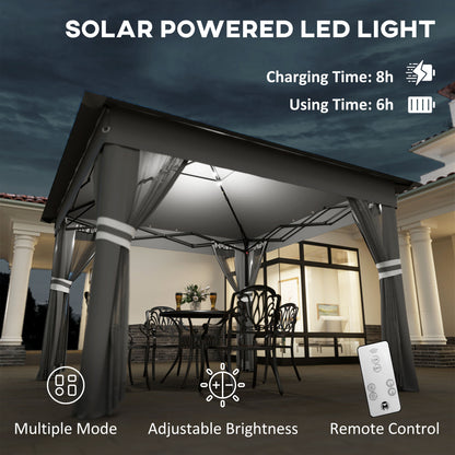 3.36 x 3.36m Pop Up Gazebo Party Tent with Solar-Powered LED Lights, Adjustable Event Shelter with Netting, Grey