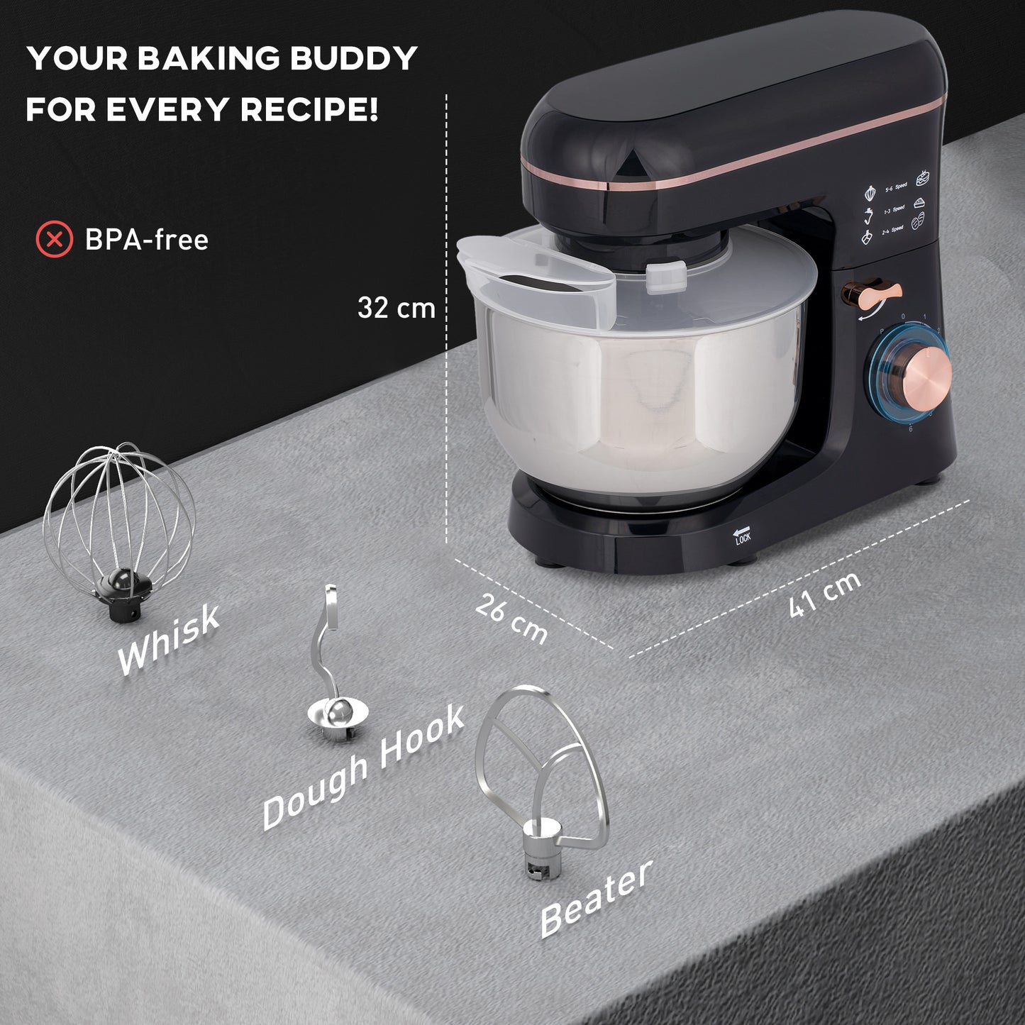 Stand Mixer, 5L Food Mixer for Baking, 6 Speeds and Pulse Setting, 1400W Cake Electric Kitchen Mixer with Dough Hook, Whisk