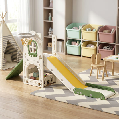 Foldable 5 in 1 Toddler Slide with Ladder, Climbing Wall, Basketball Hoop, Storage and Basketball for 1-3 Years, Cream